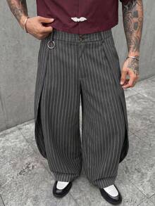 GETOML 男士深灰色細條紋百褶寬腿褲，寬鬆版型街頭風長褲 - 黑色 - 查看 4