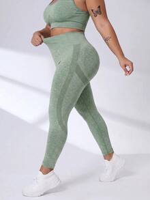 SHEIN Rhythm Era Lange nahtlose Yoga-Leggings mit hoher Taille und Po-Hebe-Effekt in Pfirsich für Damen, Fitness, Laufen und Workout - Armeegrün - Übersicht 2