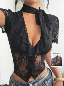 Coolane Summer For Women Streetwear Sexy Elegant Going Out Club Night Out Casual Daily Wear Date Night Y2K Deep V-Neck Elastic Lace Black Floral Blouse - Black - View 3