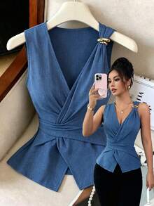 Elenzga Haze Blue V-Neck Shoulder Strap Tie-Knot Back Bow Sleeveless Blouse, Summer Metal Buckle Waist-Cinched Slimming Top For Women - Dusty Blue - View 2