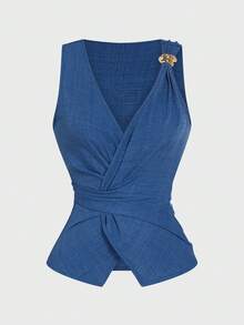 Elenzga Haze Blue V-Neck Shoulder Strap Tie-Knot Back Bow Sleeveless Blouse, Summer Metal Buckle Waist-Cinched Slimming Top For Women - Dusty Blue - View 7