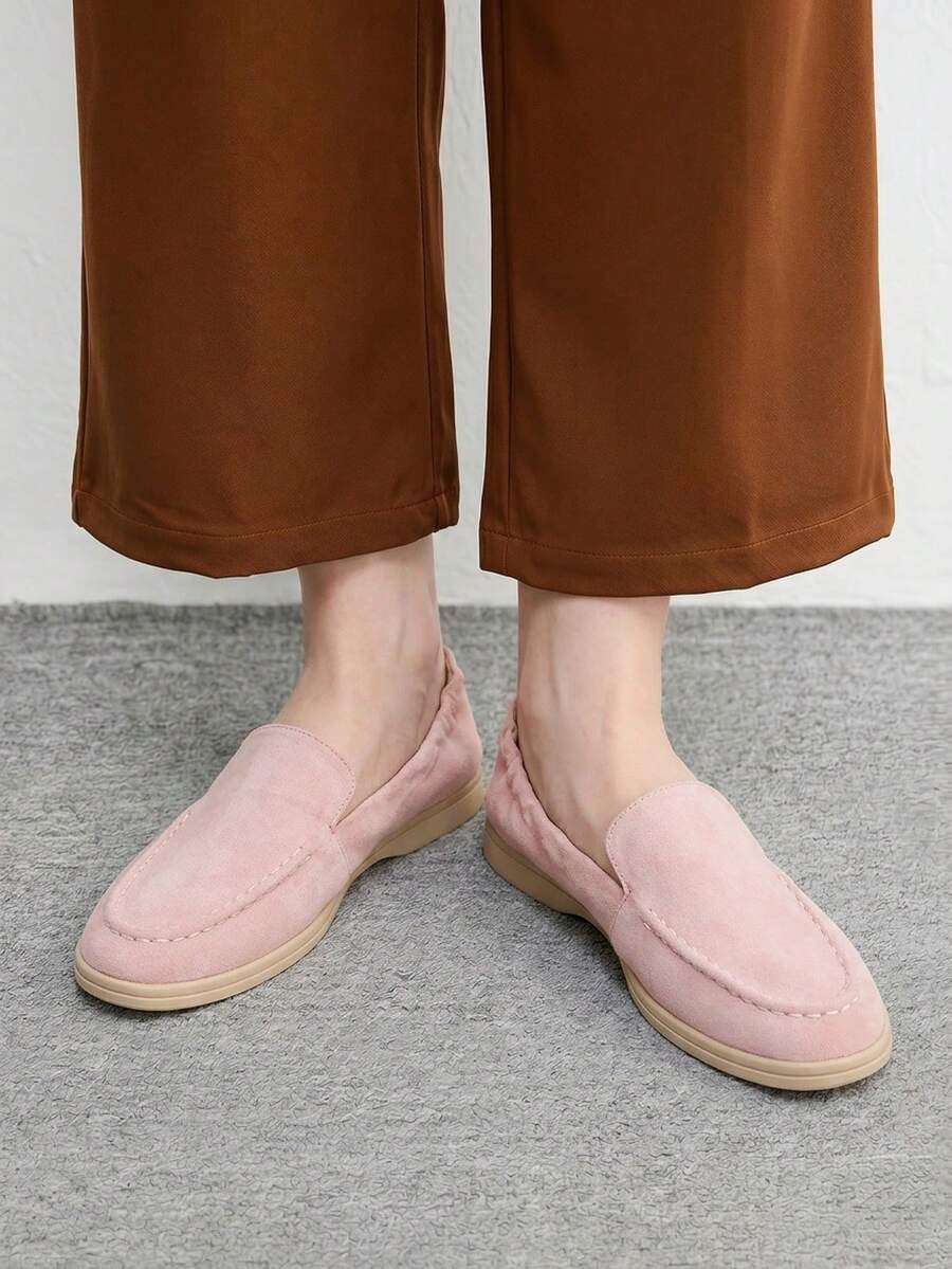 CUCCOO BIZCHIC 女款平底圓頭粉色麂皮後背袋皺褶舒適通勤女款平底鞋樂福鞋適合戶外度假日常通勤購物上班舒適休閒平底女鞋 - 粉色 - 查看 1