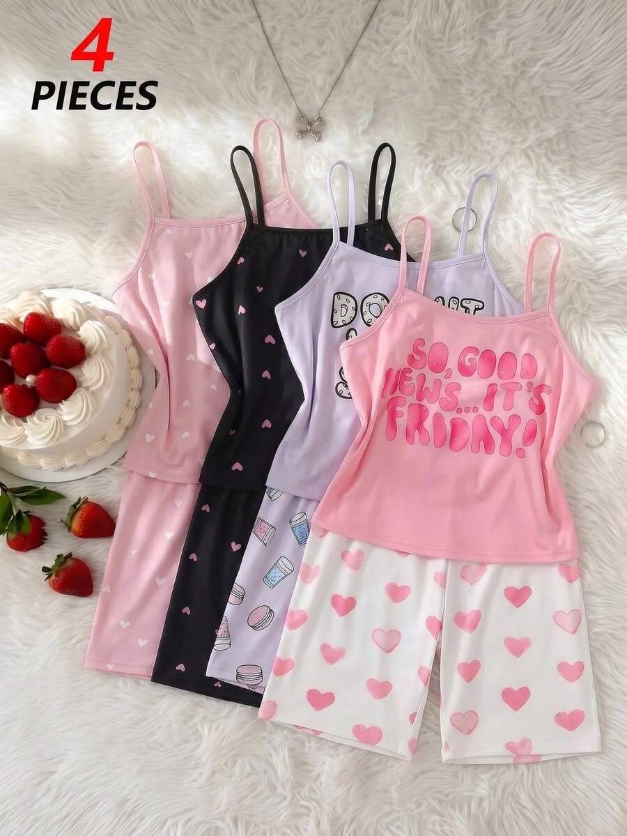 Setelan Piyama 4 Potong Wanita Motif Kata-kata Bahasa Inggris, Atasan Camisole, Hati, Burger, dan Celana Pendek Motif Teh Susu, Pakaian Santai Pas Badan Cocok untuk Pakaian Rumahan Musim Panas - MultiWarna - View 1