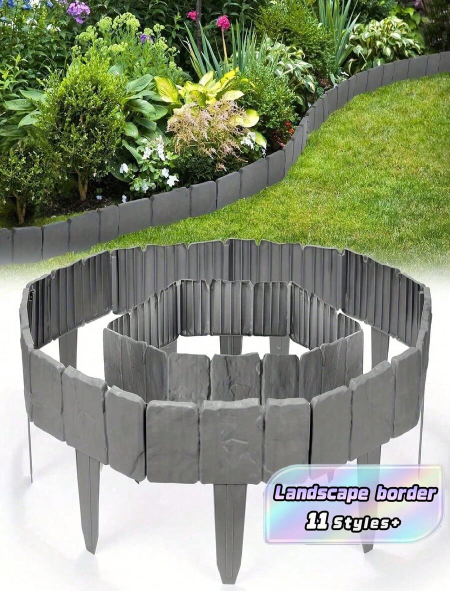 Set Of 20, Easy-To-Install Gray Stone-Patterned Plastic Garden Edging - Decorative Edging For Patios, Lawns, And Balconies, Perfect For Flower Beds And Landscape Borders - A - View 1