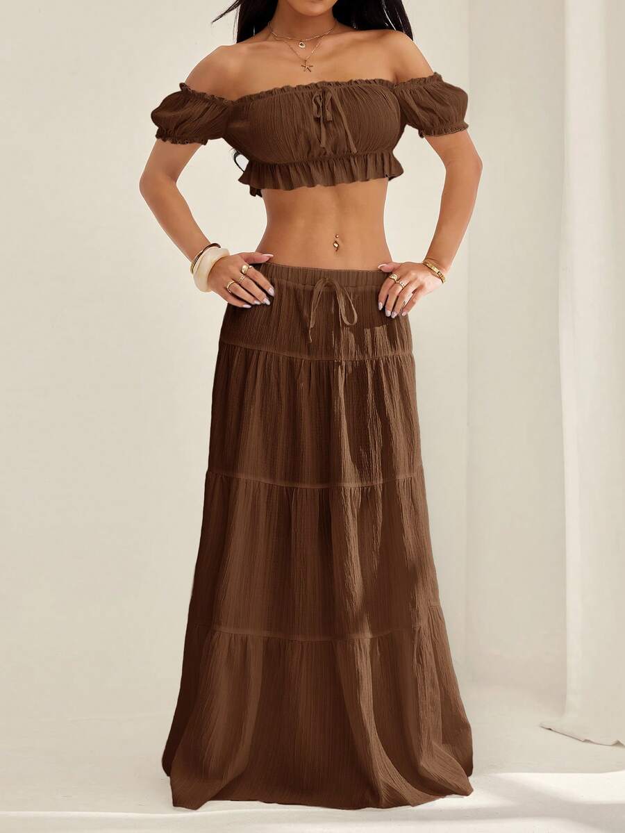 SHEIN PETITE Ruched Cropped Tie-Front Textured Off-Shoulder Top And Casual Skirt Set - Black - View 1