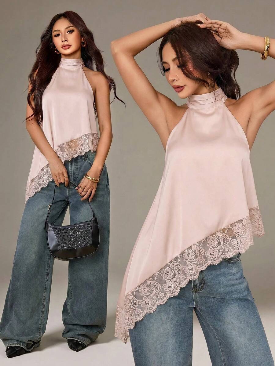 SHEIN PETITE 不對稱高領掛脖上衣 蕾絲飾邊 晚宴派對款 - 淺粉色 - 查看 1