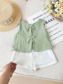 SHEIN ملابس علوية بدون أكمام بتصميم فيونكة كاجوال لطيفة متعددة الاستخدامات لطفلة حديثة الولادة - أخضر نعناع - مشاهدة 2