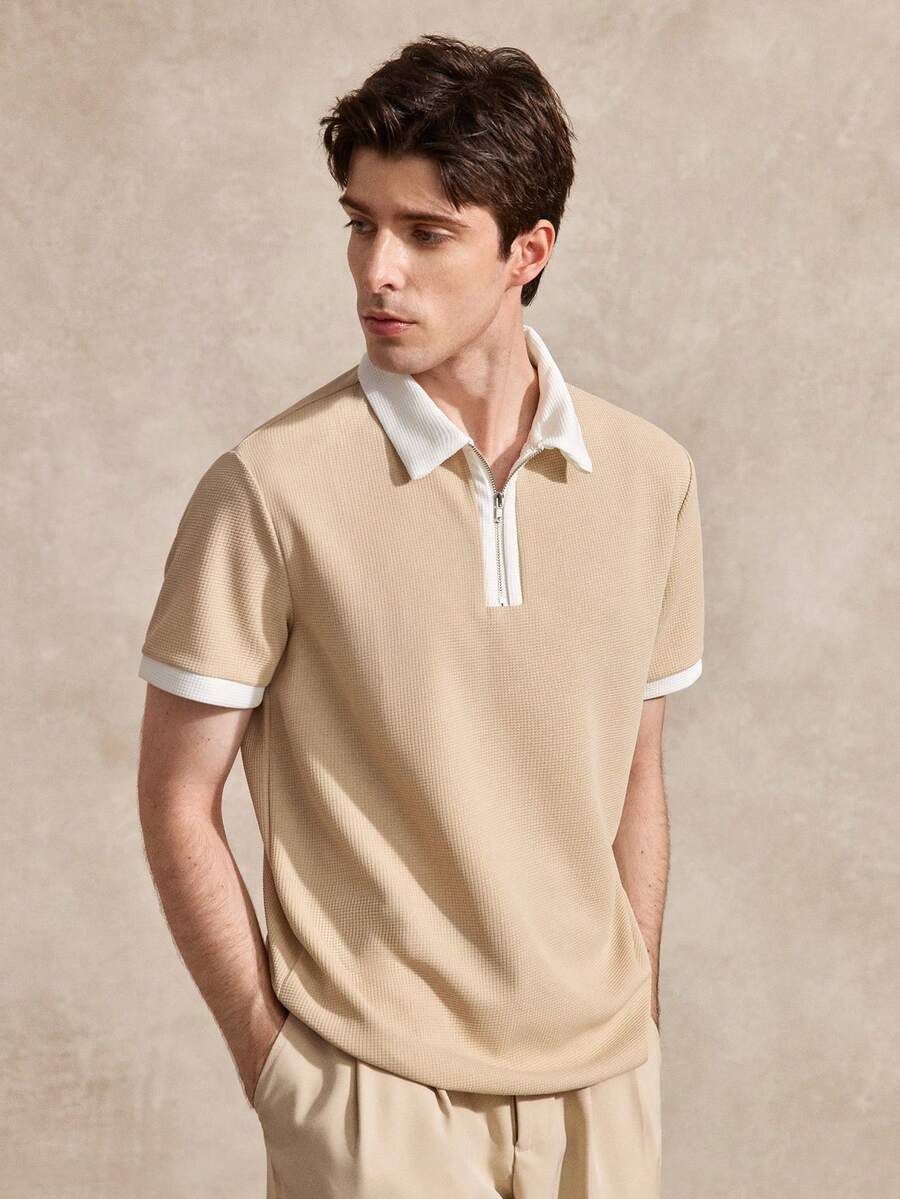 Courvante 男士半拉链 Polo 衫,适合高尔夫运动 - 卡其色 - 查看 1