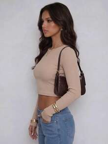 Women's Ribbed Fitted Crop Top, Long Sleeve Crew Neck Body-Hugging Casual Top. - Cream - View 5