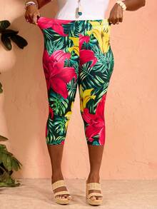 EMERY ROSE Plus Size Women's Tropical Plant Print 3/4 Length Leggings For Vacation Summer Spring Clothing Beach Outfits For Women Vacation Outfits - Multicolor - View 6