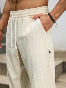 VENTUSAIL Pantalones casuales cómodos con cordón para hombre, estilo drapeado, para primavera/verano, para adultos - Beis - Ver 3