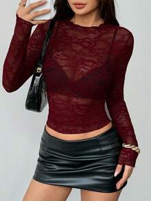 EgrlEra Women's Lace Elastic Peony Floral Sheer Sexy Top (Random Cut) - Maroon - View 5