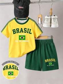 男童黃綠配色 BRASIL 印花巴西國旗短袖T恤與短褲2件組，運動休閒百搭風格，適合夏季外出 - 彩色 - 查看 7