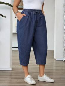 SHEIN EMERY ROSE CURVE 大尺碼女款腰部綁帶口袋休閒牛仔七分褲 - 深色水洗藍 - 查看 6
