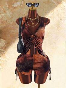Amplova Sleeveless Fitted Deep V-Neck Ruched Lace-Up Tie Women's Hippie Style Brown Checkered Low-Cut Mini Shorts Night Out Rave Summer Club Sexy - Black - View 3