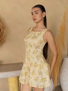 Andrea Bello Women's Yellow Floral Print Crew Neck Low Waist Bow Decor Mini Dress,Summer Holiday Outfits,Spring /Summer Outfits Women,Valentine's Day,Elegant Party , Luxury Evening, Ceremony,Beach Vacation Outfits For Women,Vacation Outfits Women, Elegant Dress , Elegant Women's Ceremony Dress,Wedding Guest Dress For Women, Luxury Evening Dresses For Women, Formal Dress Formal Dress,Graduation Dress For Women, Yellow Dress ,Summer Dress - Yellow - View 3