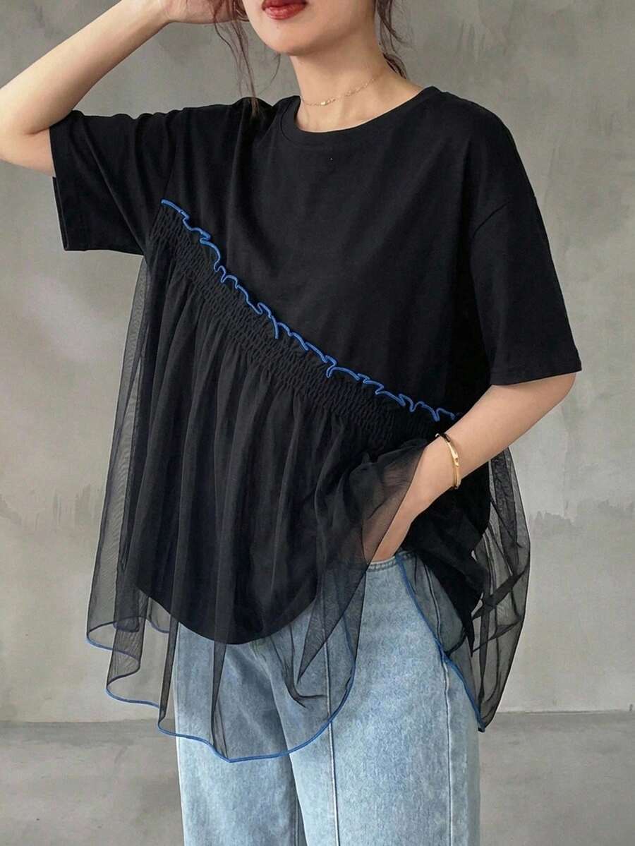 FRIFUL 女款對比色網紗荷葉邊圓領寬鬆短袖T恤 夏季 - 灰色 - 查看 1