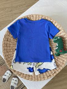 SHEIN Playful Pals 2件組男嬰套裝 卡通熊圖案裝飾領短袖開襟衫與印花熊圖案短褲，男嬰上衣與短褲套裝，羅紋材質套裝，男嬰服裝套裝，夏季嬰兒熊裝扮 - 藍色 - 查看 2
