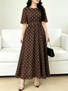 Modelyn 黑色波點圖案夏季女款圓領短袖收腰長洋裝 - 彩色 - 查看 3