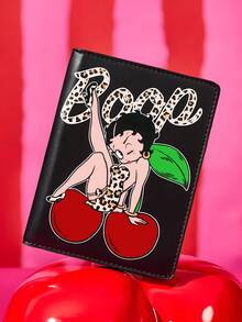 Betty Boop x SHEIN 卡通遊戲機造型 PU 皮革護照套與行李吊牌套組，可愛旅行文件收納袋附名片夾，卡通迷專用旅行行李識別標記 - 黑色 - 查看 1