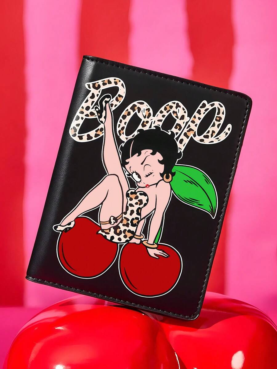 Betty Boop x SHEIN 卡通遊戲機造型 PU 皮革護照套與行李吊牌套組，可愛旅行文件收納袋附名片夾，卡通迷專用旅行行李識別標記 - 黑色 - 查看 1