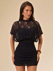 SHEIN BAE Schwarzes einfarbiges sexy Spitzen-transparentes gerafftes Mini-Bodycon-Kleid, ärmellos mit hohem Kragen und drapierter Gestaltung, geeignet für Party, Cocktail, Nachtclub-Anlässe, Frühling/Sommer Damenkleid, Damen Sommerkleid - Schwarz - Übersicht 5