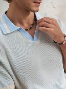 Airaco 男士學院風短袖針織 Polo 衫，淺藍與米色對比羅紋，刺繡馬標誌 - 淺藍色 - 查看 7