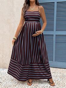 SHEIN Maternity Striped Colorblock Pleated Casual Everyday Outing Spaghetti Strap Dress - Brown - View 8