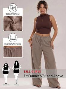 SHEIN Tall CURVE Lässige Pendler-Hose in Große Größen mit Karomuster und weitem Bein - Braun - Übersicht 2