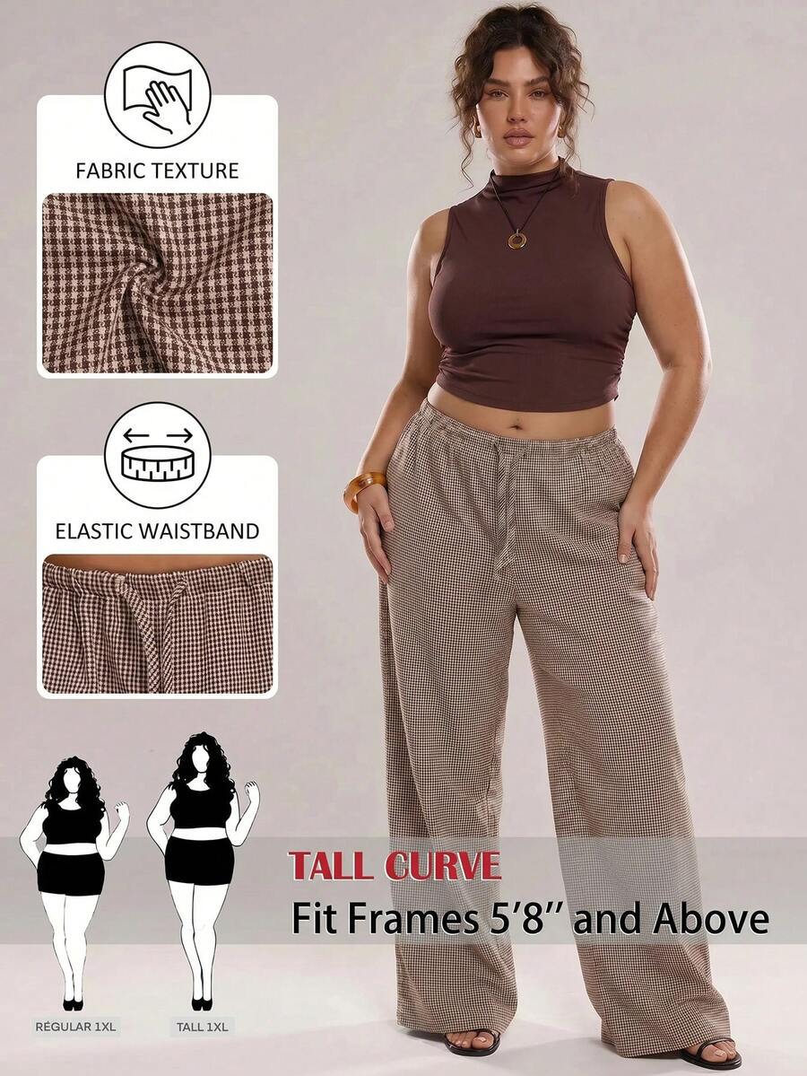 SHEIN Tall CURVE Plus Size Casual Commute Plaid Wide Leg Pants Fall - Brown - View 1
