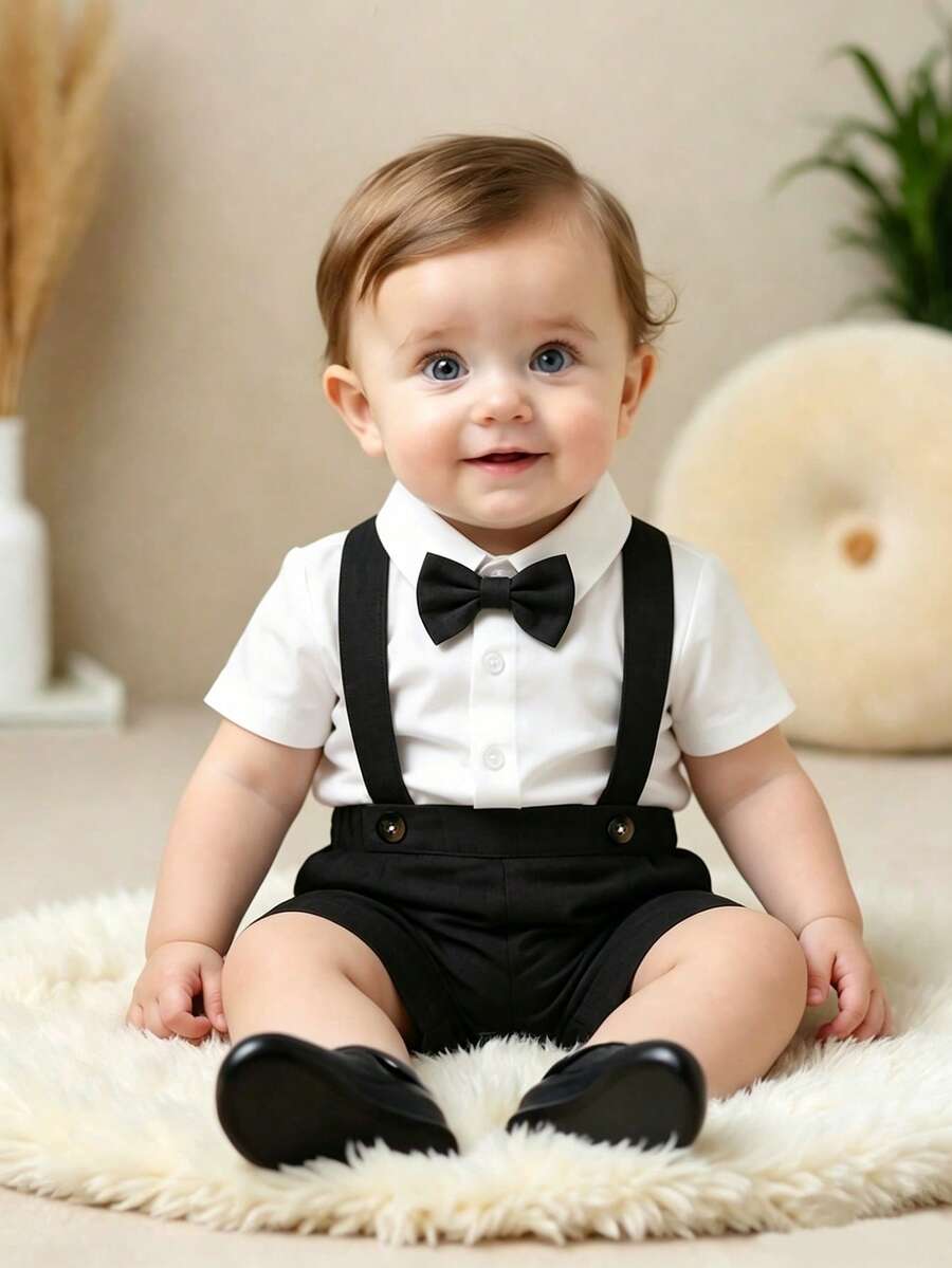 Souflis Souflis 两件套男婴正式绅士套装,白色翻领单排扣针织短袖衬衫配领结和松紧腰背带短裤,适合夏季穿着,6个月至3岁宝宝适用,完美适用于生日派对、庆典、演出、婚礼、满月仪式、洗礼、返校、迎婴派对等各种场合,时尚优雅。 - 黑色 - 查看 1