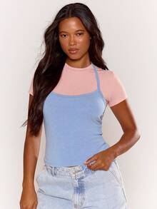 MUSERA Pink Blue Fitted Crewneck Short Sleeve Tee With Scoop Neck Overlayer Tank Top - Multicolor - View 2