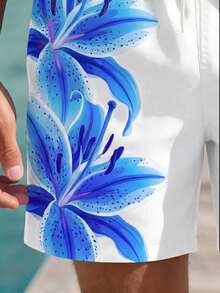 VIVINTIMO Pantalones cortos de playa con estampado floral y cintura con cordón para hombre, sin forro, para vacaciones - Azul y blanco - Ver 3