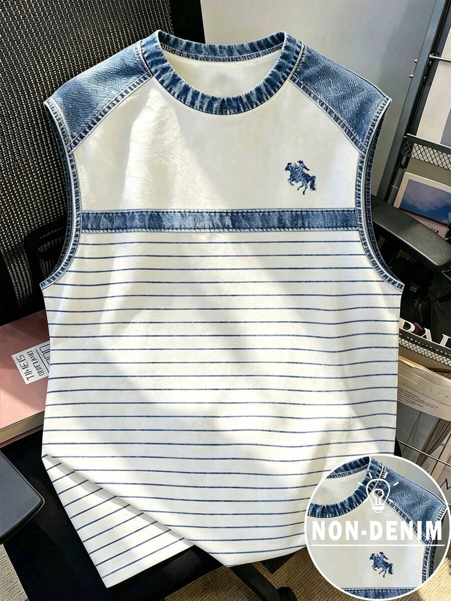 Manfinity Joysei Men's Contrast Striped Sleeveless Casual Top, Classic Pony Logo Loose Tank Top, Ideal For Road Trips, Coffee Dates, Leisure Time, Holiday - Multicolor - View 1