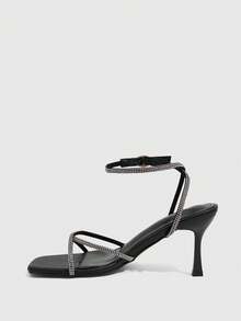 CUCCOO SZL Women's 7CM Square Toe Kitten Heel Rhinestone Cross Strap Black High Heels, Easy To Wear, Sexy, Versatile, Elegant Stiletto Pumps For Daily Commute, Beach, Party - Black - View 4