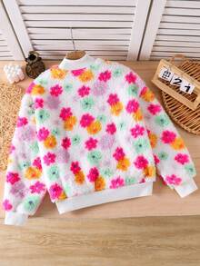 Emery Rose Kids Emery Rose Kids Tween女孩心形圖案長袖毛絨秋冬衛衣，心形圖案印花套頭衫，休閒運動戶外優雅心形套頭衫 - 白色 - 查看 2
