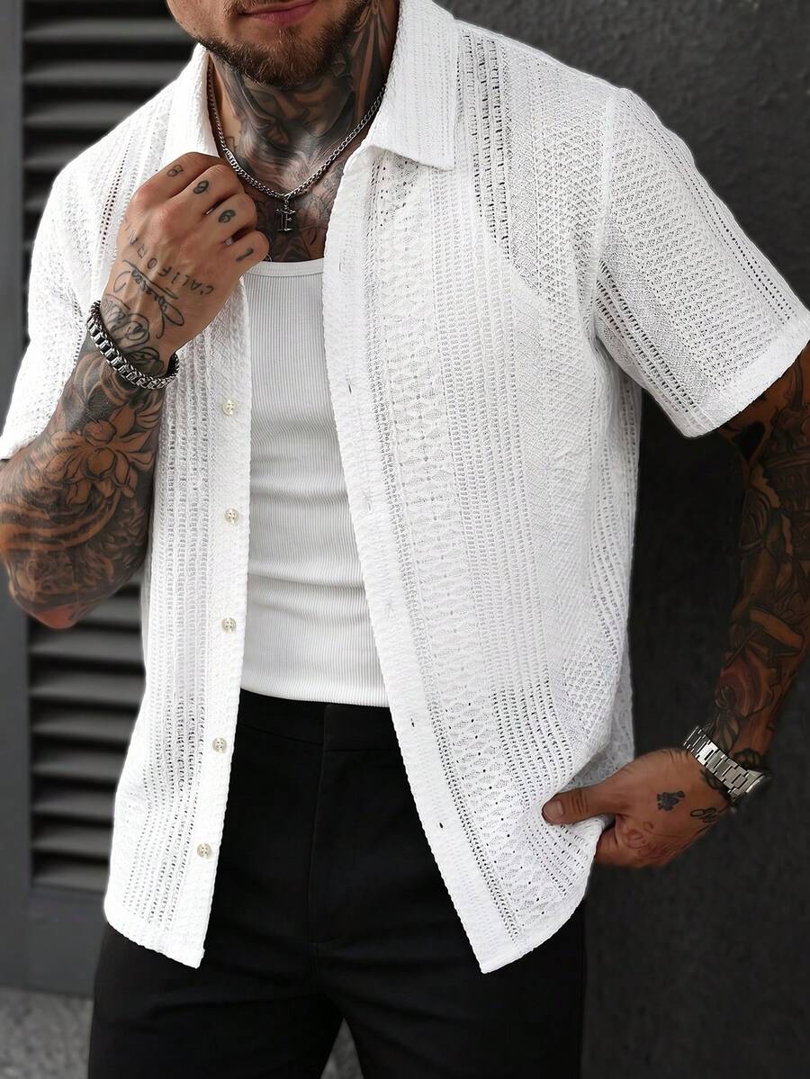 Manfinity CasualCool Kemeja Lengan Pendek Jacquard Bertekstur Pria, Atasan Lengan Pendek Bertekstur Putih, Atasan Kasual untuk Perjalanan Sehari-hari, Acara - Putih - View 1