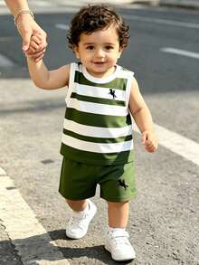SHEIN Playful Pals 2pcs/Set Young Boy Casual Minimalist Striped Logo Print Tank Top And Logo Print Shorts, Suitable For Summer Outings - Multicolor - View 5