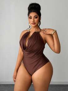 Maweii Plus Size Women's Solid Color Draped Neck Ruffle Casual Versatile Daily Bodysuit - Brown - View 5