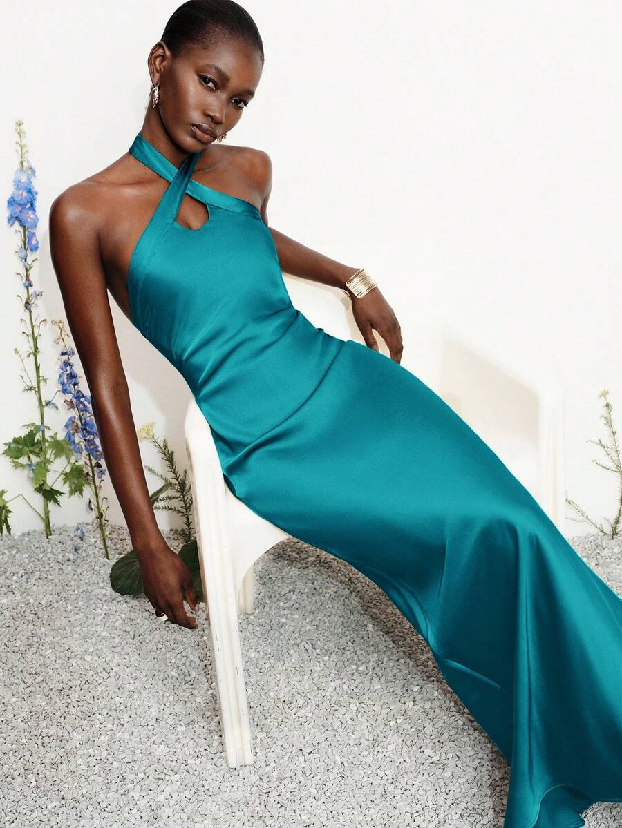 Aveloria Modichic Fashionable Elegant Slim Fit Sexy Satin Halter Neck Solid Color Dress - Blue - View 1