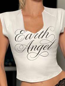Brooke Lily Camiseta de mujer blanca con cuello en V, estampado de letras onduladas, elástica, ajustada, cómoda, estilo punk rock, ropa de calle casual de verano - Blanco - Ver 5