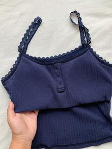 Comfortcana 藍色休閒女款對比蕾絲細肩帶背心 - 藏蓝色 - 查看 6