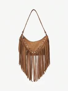 MUSERA Bolso de mano de piel sintética con tachuelas, flecos y borlas, accesorio de estilo retro, vintage y bohemio, versátil y adecuado para salir, diario, primavera y festivales de música - Marrón - Ver 4