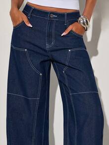 Normani Women's Retro Dark Blue Raw Woodworking Work Pants, Low-Rise Casual Straight-Leg Jeans, Dark Blue, Casual Street Style Summer Style. - Dark Wash - View 5