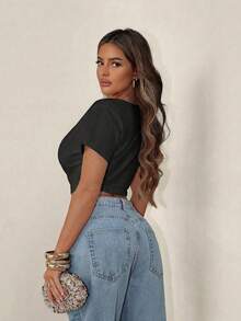 Sirith New Deep V-Neck Crop Top, Sexy Revealing Midriff Design - Black - View 2