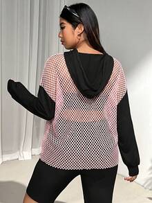 SHEIN EZwear 大尺碼女款春夏長袖休閒對比網紗透視連帽帽 T恤運動衫 秋冬適用 - 彩色 - 查看 2