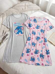 2件組女孩可愛羊圖案灰粉色夏季休閒圓領短袖長款睡裙睡衣 T-shirt 睡衣 少女 - 彩色 - 查看 1