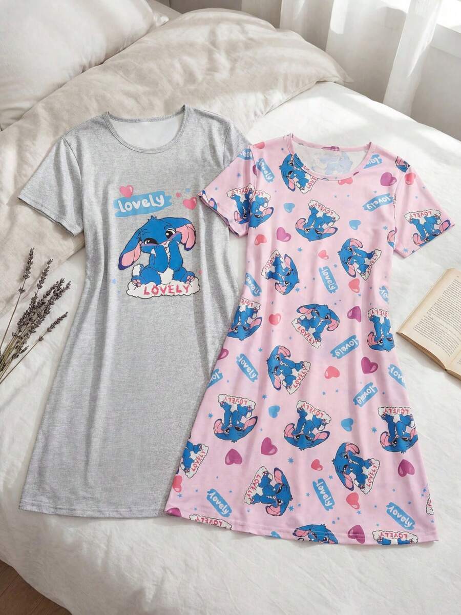 2件組女孩可愛羊圖案灰粉色夏季休閒圓領短袖長款睡裙睡衣 T-shirt 睡衣 少女 - 彩色 - 查看 1
