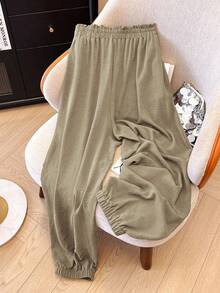 SHEIN LUNE CURVE 大尺碼女款純色荷葉邊腰頭口袋休閒長褲 - 卡其色 - 查看 2