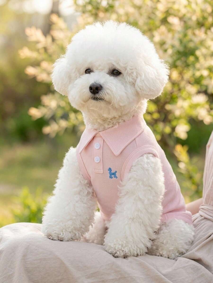 PETSIN 一件純色刺繡寵物 Polo 衫，適合春夏季 - 粉色 - 查看 1